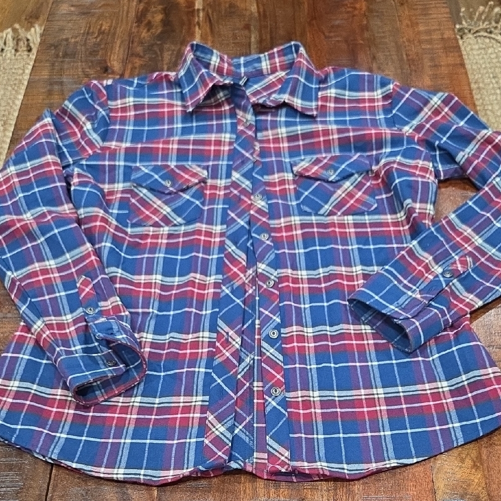 Kuhl Blue and Red Plaid Button-Up Long Sleeve Shirt